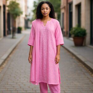 Women's Pink & White 3pc Embroidered Lined Indian Kurta, Pant & Dupatta Set